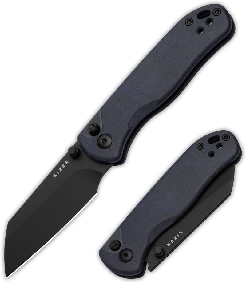 KIZER سكين جيب دروب بير 2، شفرة شيفت فوت 2.96" من فولاذ نيترو-في مع مقبض ريتشلايت الأزرق، قفل بطانة زر، سكاكين EDC مع نتوءات على العمود للرجال والنساء V3619.2CS1 - Image 1